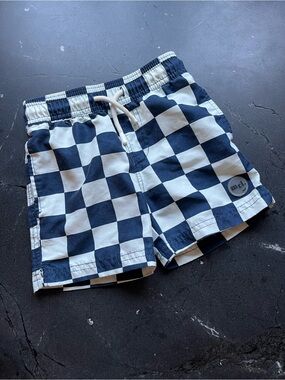 MILES THE LABEL - Toddler Boys Checkerboard Swim Trunks in Navy & Light Blue 2T